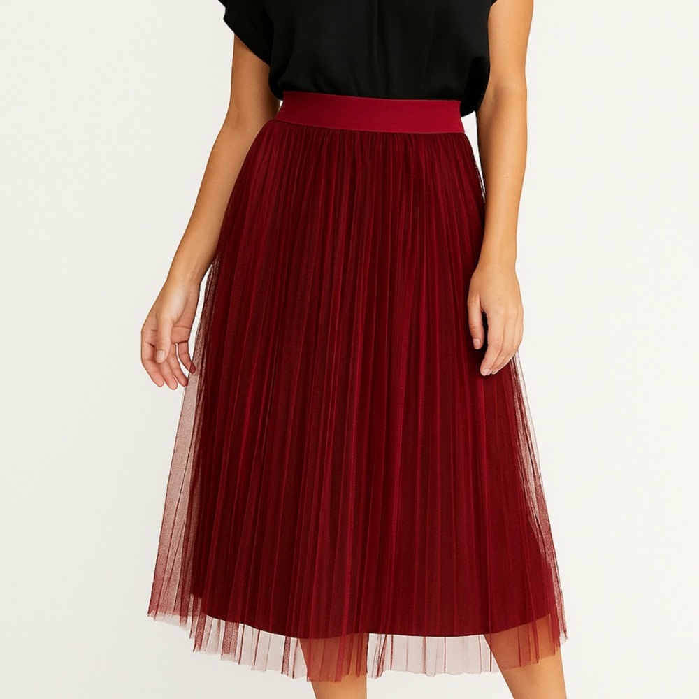 UMGEE USA Burgundy Pleated Velvet Tulle Covered Midi Length Skirt Size S
